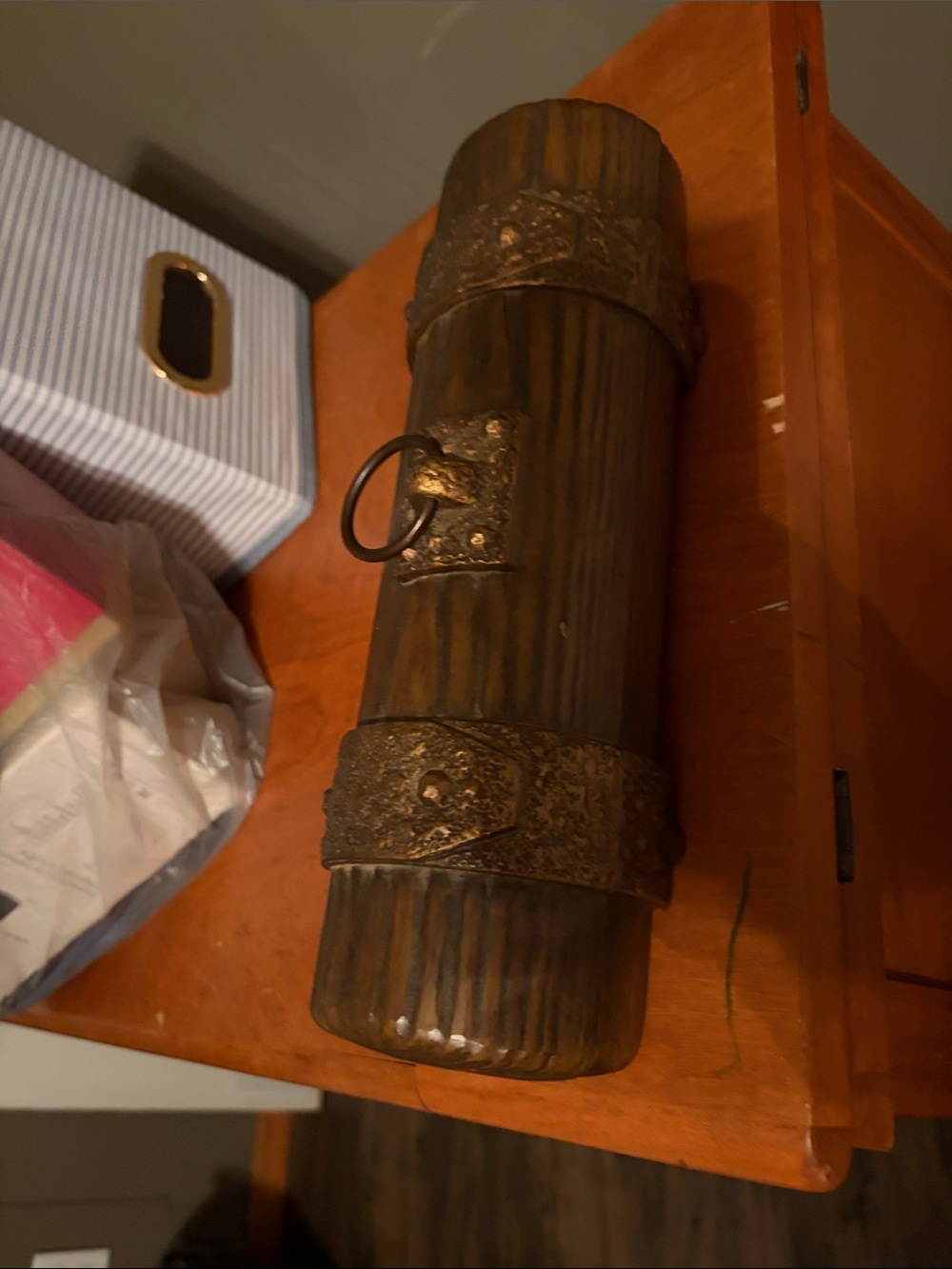 Avon 197o Excalibur Carved Wood Cylinder Box with Ornate Metal Bands - Brown